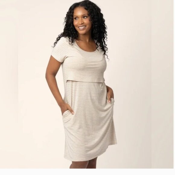 Kindred Bravely Eleanora Bamboo Maternity & Nursing Dress in Oatmeal Stripe - Picture 1 of 5